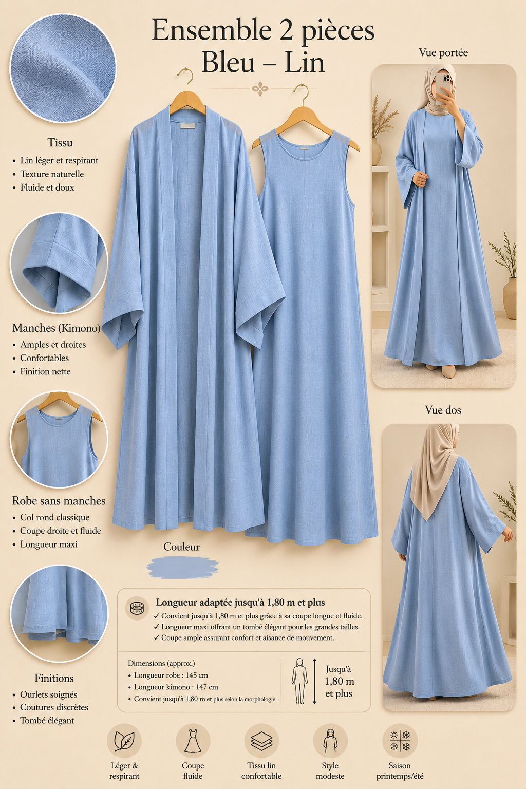 Abaya Kimono 2 Pièces en Lin Premium – Grande Taille
