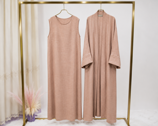 Abaya Kimono 2 Pièces en Lin Premium – Grande Taille