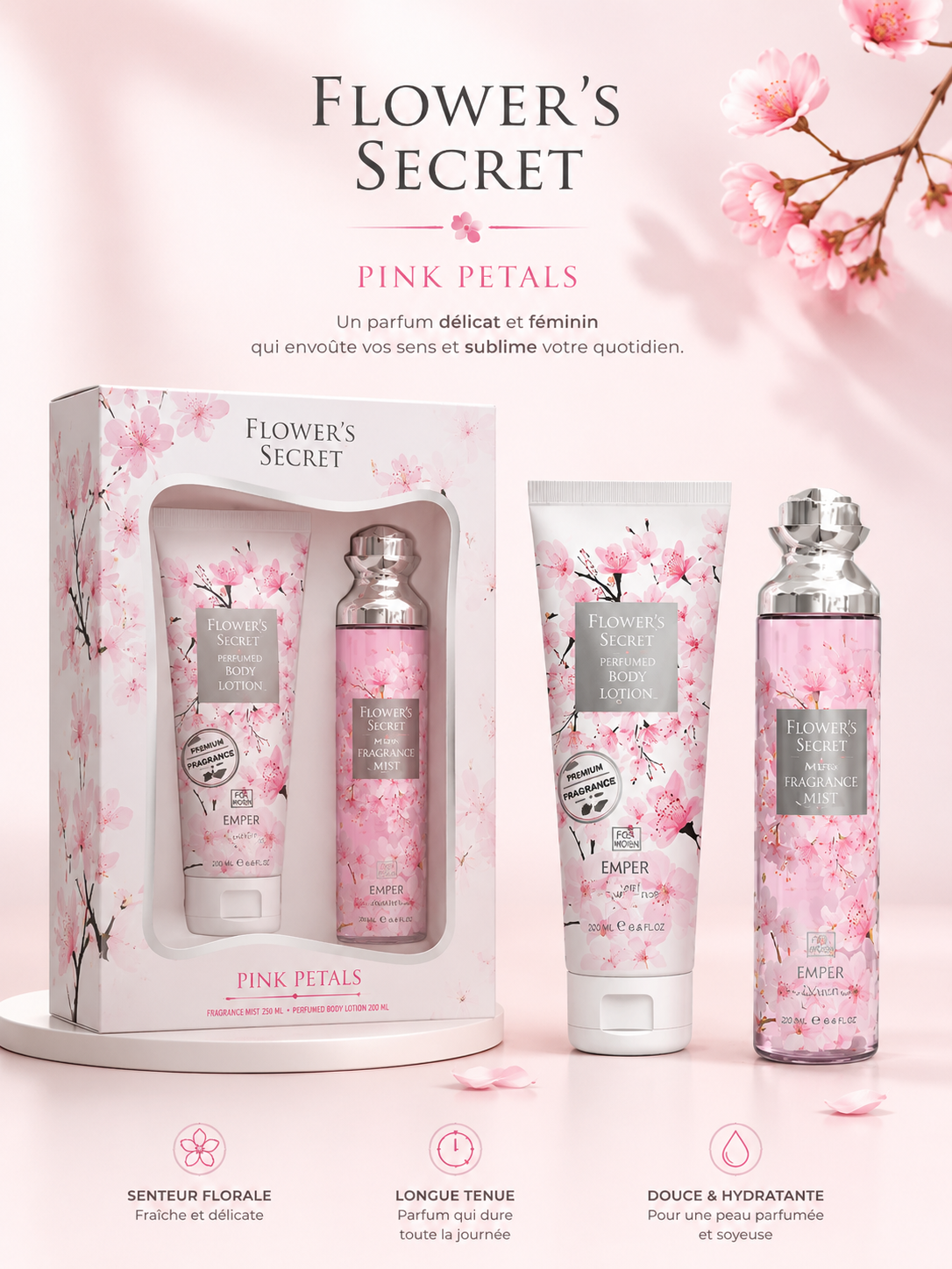 Flower Secret Pink Petals Emper – Brume Parfumée Femme Florale et Douce 250 ml